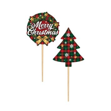 Pics en bois décoratifs de Noël avec sapin et inscription Merry Christmas sur fond tartan | jourdefete.com