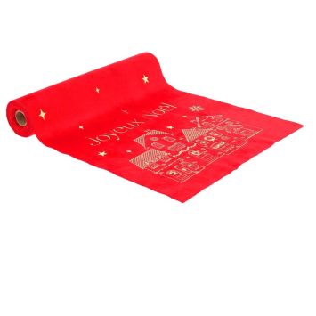 Chemin de table Joyeux Noël en velours rouge et or 28 cm x 3 m | jourdefete.com