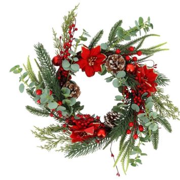 Couronne de Noël prestige rouge vert et doré avec fleurs et pommes de pin | jourdefete.com