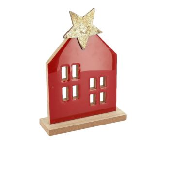 Maison décorative de Noël rouge laqué avec étoile dorée 12x16,5x4 cm | jourdefete.com