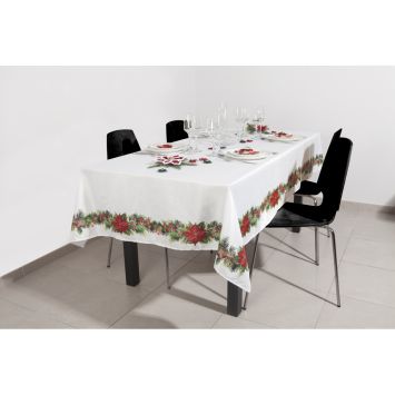 Nappe de Noël en toile avec impression de guirlande de poinsettias - 140 x 240 cm