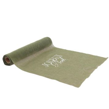 Chemin de table vert givré Joyeux Noël en tissu avec inscription argentée | jourdefete.com