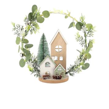 Village de Noël décoratif en bois vert et blanc avec sapin et couronne végétale | jourdefete.com