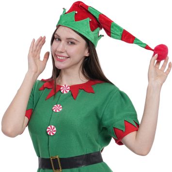 Bonnet d'elfe de Noël vert et rouge avec grelots | jourdefete.com