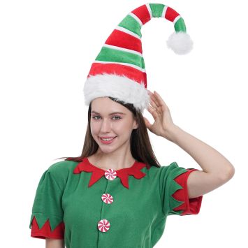 Bonnet de lutin de Noël rayé rouge et vert luxe avec pompon blanc | jourdefete.com