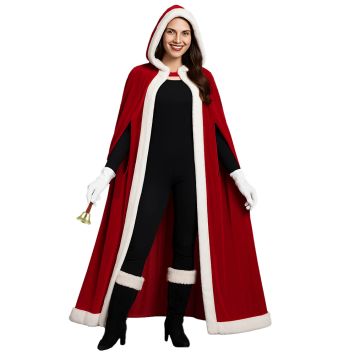 Femme portant une cape de Noël rouge et blanche avec capuche, tenue élégante de Mère Noël | jourdefete.com