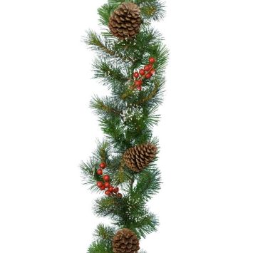 guirlande de sapin enneigée de baies rouges et de pommes de pin | jourdefete.com