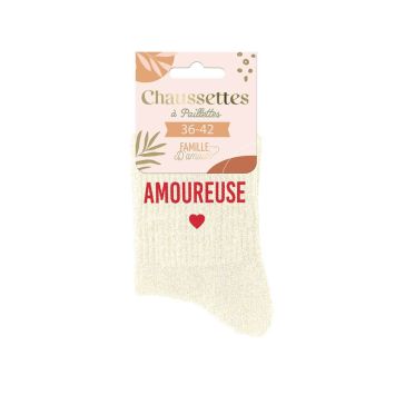 Chaussettes pailletées blanches cassées "Amoureuse" avec cœur rouge | jourdefete.com