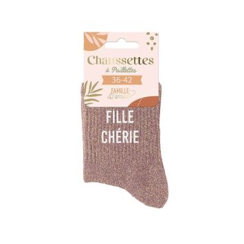 Chaussettes pailletées dorées "Fille Chérie" en taille 36-42 | jourdefete.com
