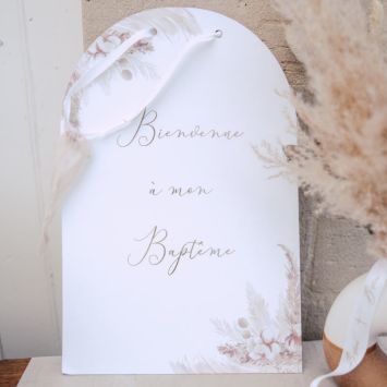 Pancarte Bienvenue à mon Baptême - Collection Pampas, Fleurs de Coton et Or 