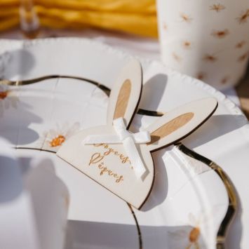 2 décorations à poser de Pâques - Tête de lapin en bois - 7 x 6 cm