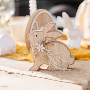 Décoration à poser pour Pâques - Lapin de Pâques en bois avec fleurs séchées - 10 x 9,2 x 2 cm