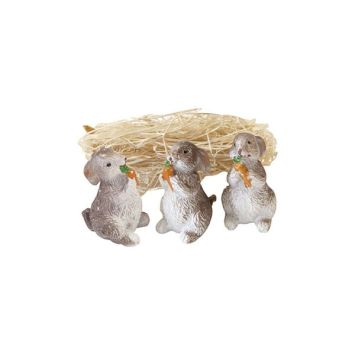 3 décorations à poser pour Pâques - Lapins bruns avec carottes en résine et paille - 3,6 x 2,7 x 2,2 cm