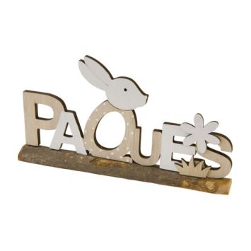 Décoration à poser pour Pâques - Mot "Pâques" avec tête de lapin sur bûchette - 10 x 20 x 2,5 cm