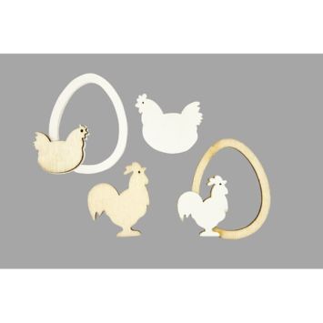 8 décorations à poser pour Pâques - Poules et œufs en bois - 4 x 3,5 x 0,5 cm
