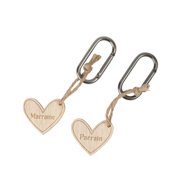 2 porte-clés en bois "Parrain / Marraine" avec mousquetons - 4 x 12 cm