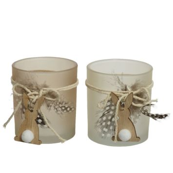 Photophore en verre avec lapin en bois et plumes pour Pâques - 9 cm - Couleur au choix | jourdefete.com