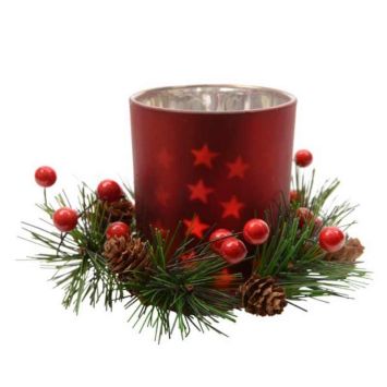 Photophore Effet Miroir Rouge avec Etoiles et Couronne de Noël | jourdefete.com