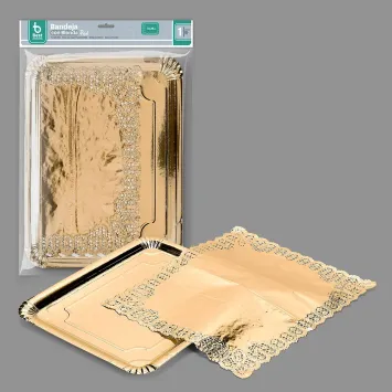 Plateau rectangulaire doré avec dentelle blanche | jourdefete.com