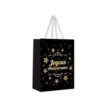 Pochette cadeau noire avec inscription "Joyeux Anniversaire" et étoiles dorées | jourdefete.com