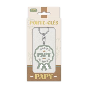 Porte-clés Meilleur Papy du Monde en forme de médaille verte et blanche | jourdefete.com