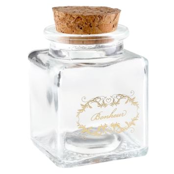 Un pot en verre avec écrit "Bonheur" en doré pour vos tables | jourdefete.com