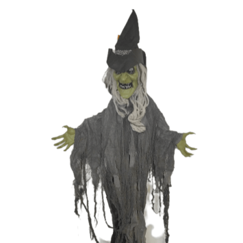 Cette sorcière animée pour Halloween parlera en prononçant des phrases telles que "Happy Halloween" sur un ton sarcastique | jourdefete.com