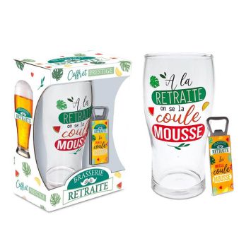 Coffre bière retraite avec verre et décapsuleur