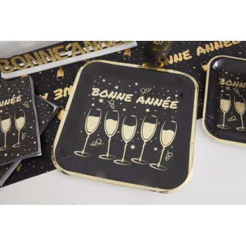 6 assiettes "Bonne Année" en carton - Nouvel An - 23 x 23 cm - Collection Réveillon Noir et Or
