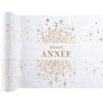 Chemin de table blanc avec étoiles dorées "Bonne Année" | jourdefete.com
