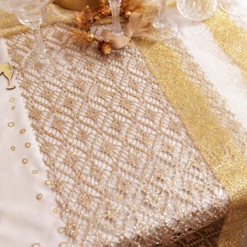 Chemin de table en organza avec paillettes dorées - Nouvel An - 28 cm x 3 m - Collection Bubbles Party