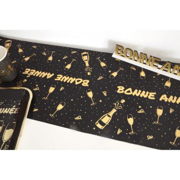 Chemin de table "Bonne Année" en satin - Nouvel An - 28 cm x 5 m - Collection Réveillon Noir et Or