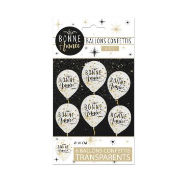 6 Ballons Transparents avec Confettis Or " Bonne Année " 