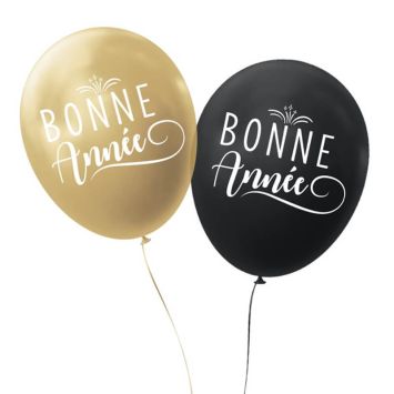 8 Ballons de baudruche " Bonne Année " - Noir & Or - 30 cm