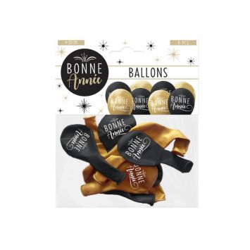 8 Ballons de baudruche " Bonne Année " - Noir & Or - 30 cm