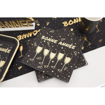 20 serviettes "Bonne Année" en papier - Nouvel An - 33 x 33 cm - Collection Réveillon Noir et Or