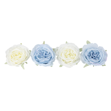4 roses blanches et bleues en tissu - 12,5 cm