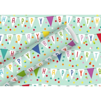 Rouleau de papier cadeau - 2 x 0,7 m - Fanions "Happy Birthday"
