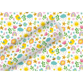 Papier cadeau Hello Sunshine aux motifs arc-en-ciel, fleurs et oiseaux | jourdefete.com