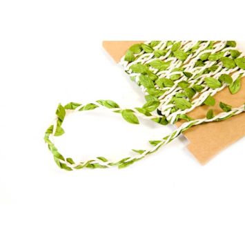 Ruban tressé ivoire à feuillage vert - 2 mètres
