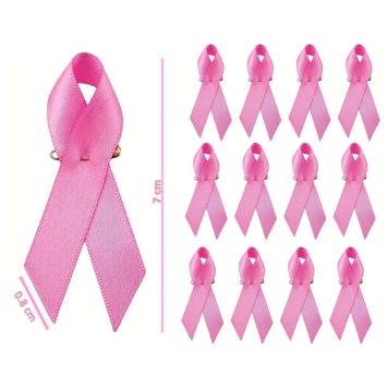 Lot de 12 petits rubans en tissu rose satiné avec épingles de sûreté pour la sensibilisation au cancer du sein | jourdefete.com