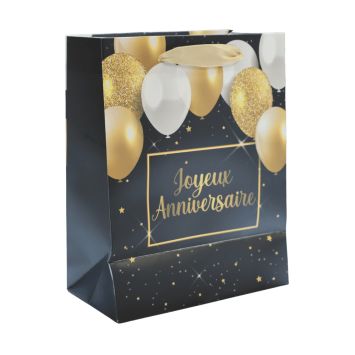 Sac cadeau en papier - Joyeux Anniversaire Noir & Or - Taille M