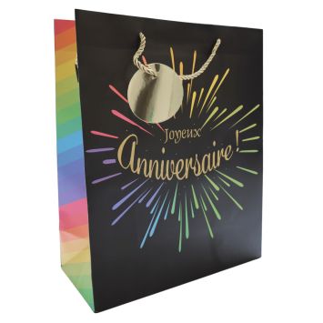 Sac cadeau Joyeux Anniversaire noir avec feux d’artifice multicolores et poignées dorées | jourdefete.com