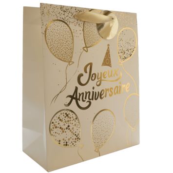 Sac cadeau en papier - Joyeux Anniversaire Blanc & Or - Taille M