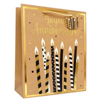 Sac cadeau kraft Joyeux Anniversaire noir et or avec motifs bougies 26x32x12 cm | jourdefete.com