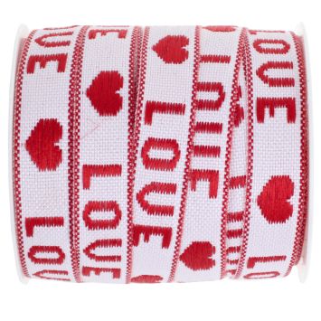 Ruban Saint-Valentin blanc et rouge avec motifs LOVE et cœurs | jourdefete.com