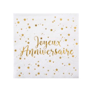 20 Serviettes "Joyeux Anniversaire" - Blanc / Or