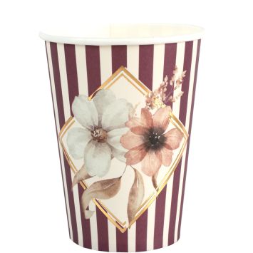 Gobelets en carton bordeaux rayures et fleurs Aubépine 27 cl mariage | jourdefete.com