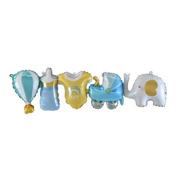 Guirlande de 5 ballons baby shower bleu garçon montgolfière biberon body landau éléphant | jourdefete.com