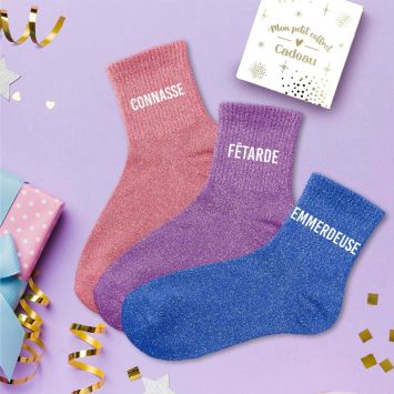 Coffret Trio de chaussettes à paillettes pour femme - Connasse, Fêtarde et Emmerdeuse - Collection Famille d'Amour